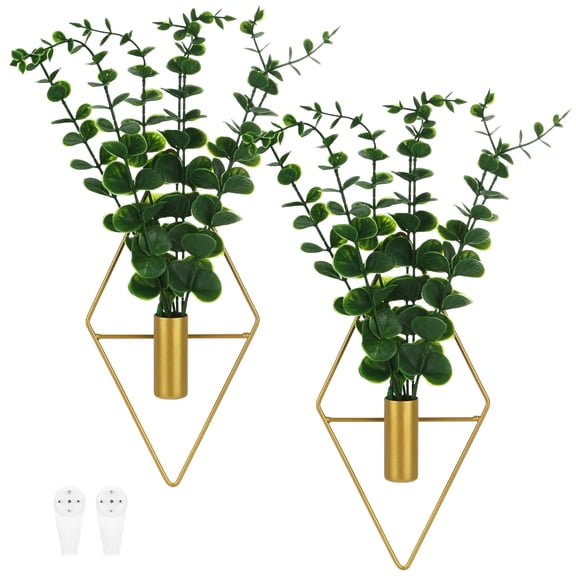 Uxcell 2 Set Plant Wall Decor, Hanging Planters with Artificial Eucalyptus Metal Hanging Vase Diamond Shape for Room [Golden]