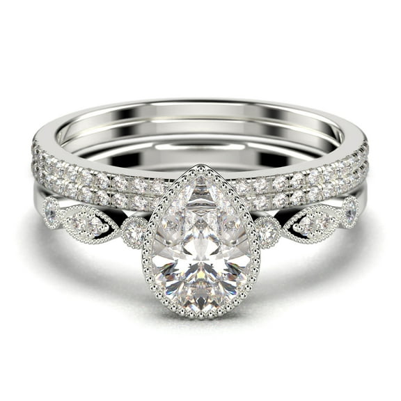 Dazzling Boho & hippiepie 2.25 Carat Pear Cut Diamond Moissanite Engagement Ring, Classic Wedding Ring, Two Matching Band in 10k Solid White Gold, Birthday Gift, Promise Ring