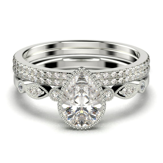 Dazzling Boho & hippiepie 2.25 Carat Pear Cut Diamond Moissanite Engagement Ring, Classic Wedding Ring, Two Matching Band in 10k Solid White Gold, Birthday Gift, Promise Ring