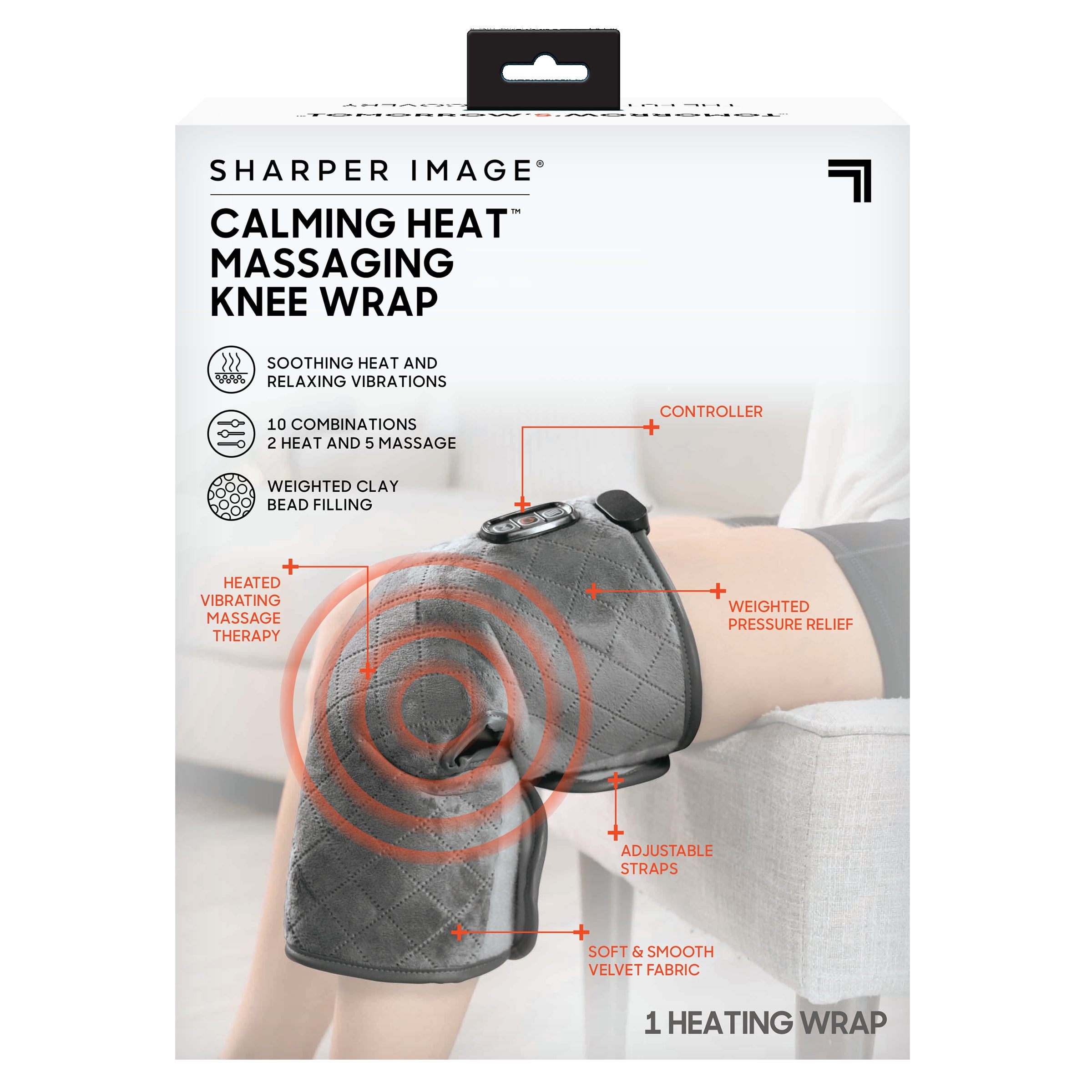 Sharper Image Calming Heat Massaging Knee Wrap, Soothing Heat & Relaxing Vibrations, Charcoal