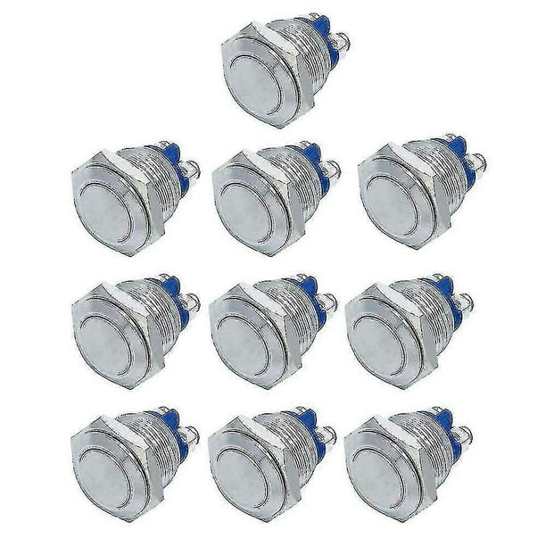 10 interruptores pulsadores momentáneos de metal de 16 mm para coche (plateados, 16 mm)