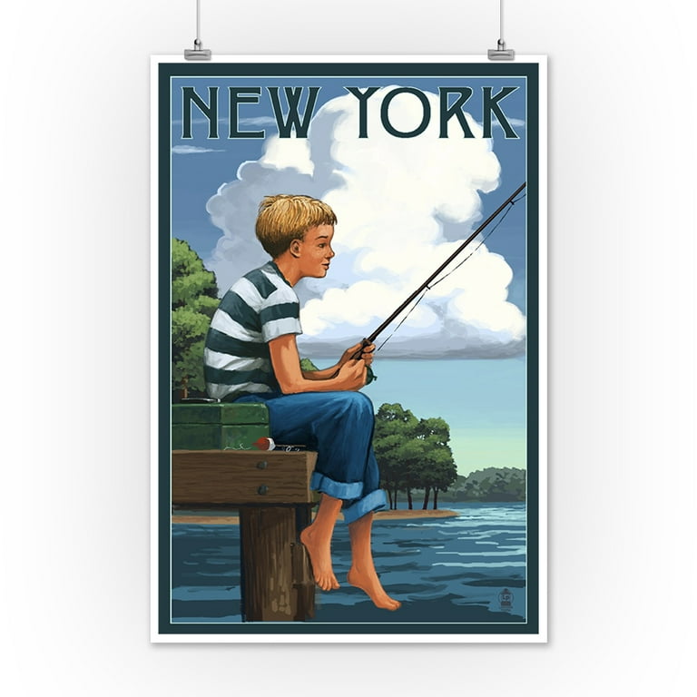 New York - Boy Fishing - Lantern Press Artwork (12x18 Art Print, Wall Decor  Travel Poster) 