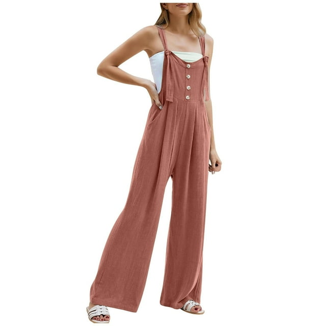2DXuixsh Rompers for Women Women's Solid Color Buttoned Strap Jumpsuit Sleeveless Pantsuit Romper Wide Leg Loose Jumpsuit Rompers Watermelon Red Size L