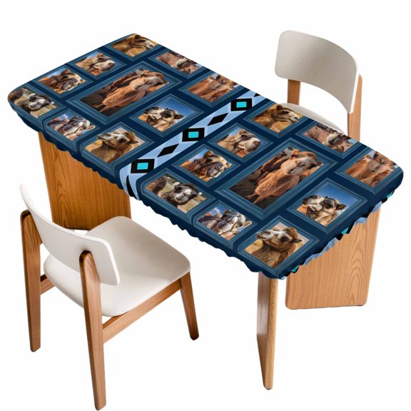Desert Camels Table Cloths for 4 Foot Rectangle Tables, Wildlife Brown Animals Blue Geometric Patio Waterproof Elastic Fitted Tablecloths, Washable Rectangular Table Cover for Camping