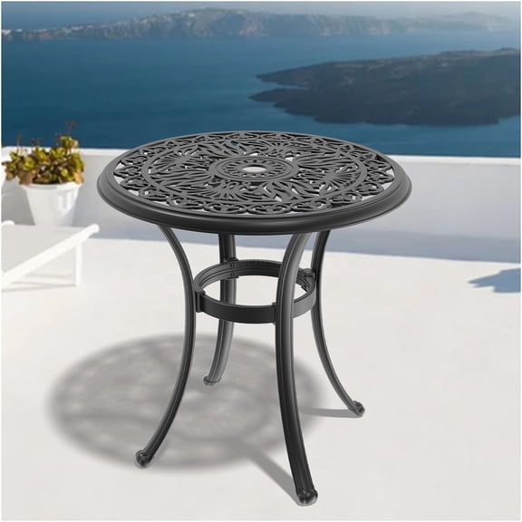 JERFIT 4-Person Outdoor Patio Dining Table, 27-inch Round Aluminum Table with Umbrella Hole, Weather-Resistant & Rust-Proof, Black
