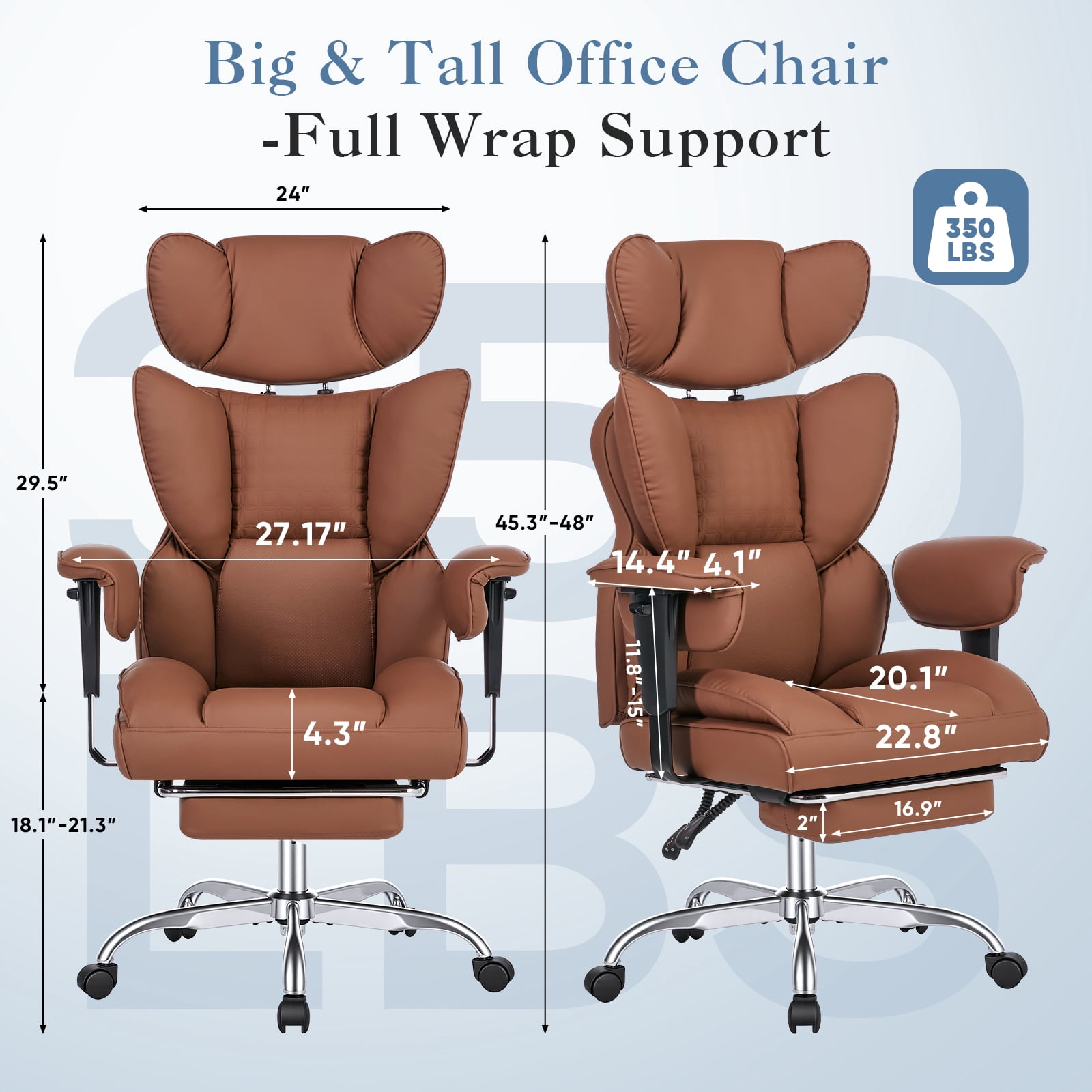 CONCETTA Ergonomic Office Chair 400LBS for Big & Tall, Heavy Duty Desk Chair with Reclining Back, Footrest, Luxurious PU Leather, Brown