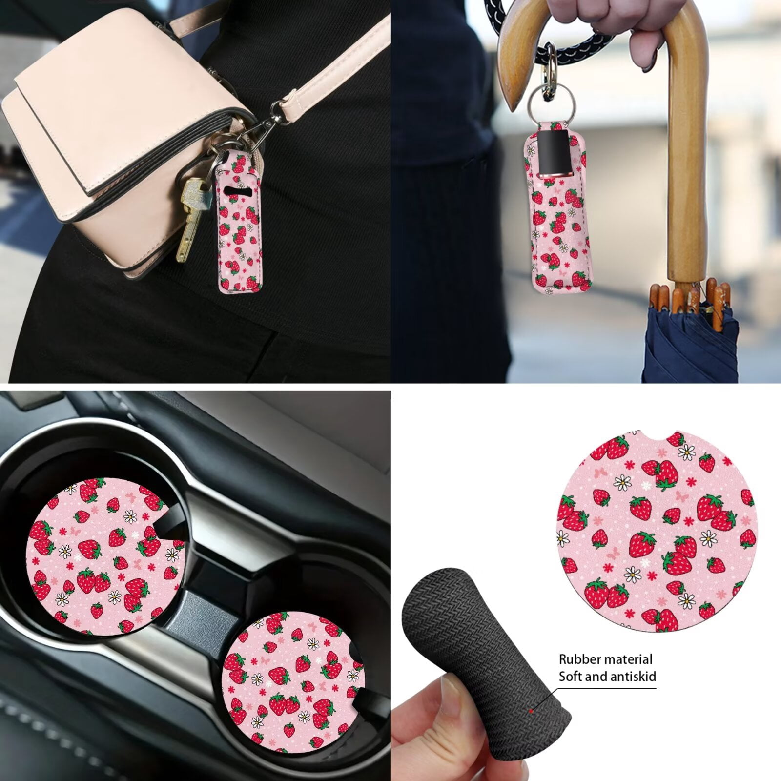 Jeiento Cute 13 Piece Car Seat Cover Set with Steering Wheel Cover Seatbelt Strap Pad Armrest Pad Cup Coasters Key Chain Pink Strawberry Automobile Interior Sets Fit for Van Truck SUV Sedan
