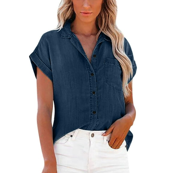 Alitao Button Down Shirt Denim Shirt Women Summer Solid Fashion Pocket Lapel Wash Denim Casual Shirt Blouses for Women Dressy Casual Tshirts Shirts Dark Blue L