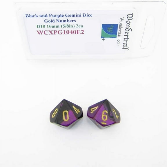 Black and Purple Gemini Dice with Gold Numbers D10 Aprox 16mm (5/8in) Pack of 2 Wondertrail