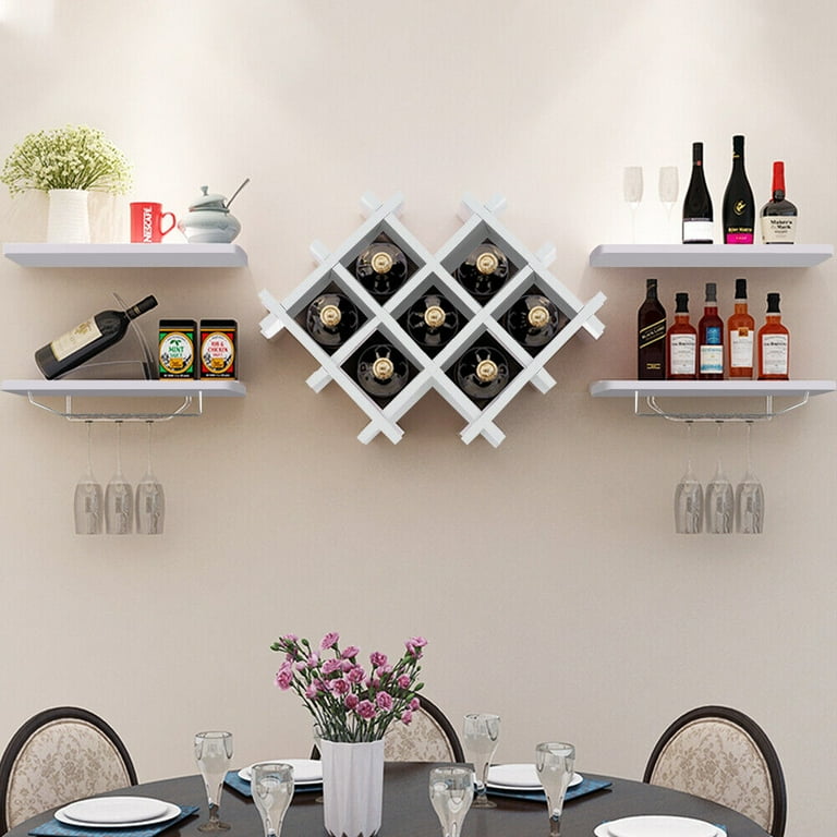 White Wall Mount Wooden Wine Rack Wine Bottle Glass Floating