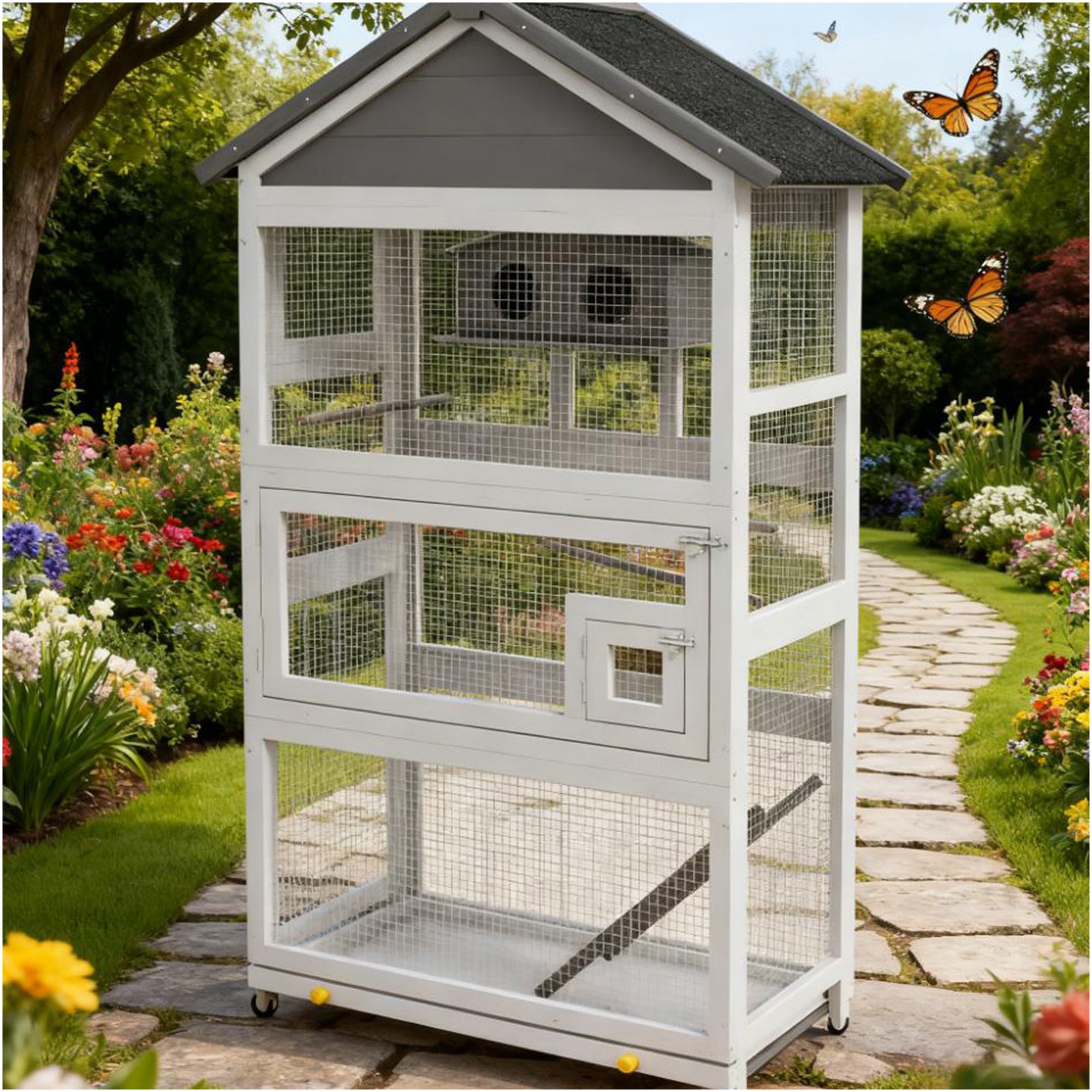 JERFIT Outdoor Wooden Bird Aviary for Finches Parakeets, Large Standing Bird Cage with Steel Frame, Slide-Out Tray, Ladder, Perches and Nest House, Black Grey