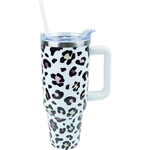 40 oz Leopard Tumbler with Handle and Straw Lid Leak Proof, Coffee Travel Mug with Handle Insulated for Hot and Cold Drink Ice, Christmas Birthday Gifts for Women, Leopard Stainless Steel Cups