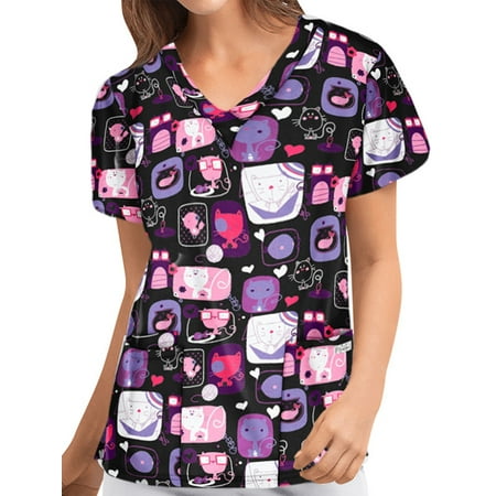 

Beiwei Short Sleeve Shirts for Womens Ladies Workwear Printing Scrub Tops V Neck Nursing Tunic Top Blouse