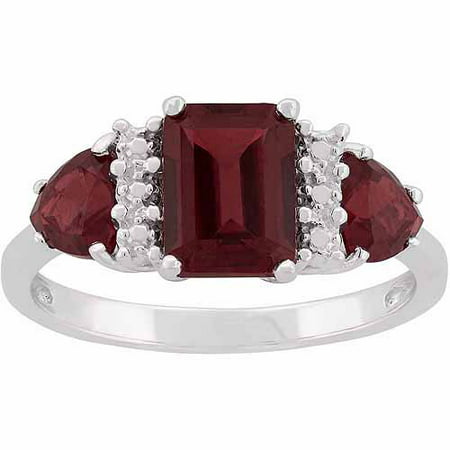 Garnet Sterling Silver Side Trillions and Emerald-Cut Center Three-Stone Ring