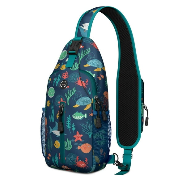 Crossbody Sling Backpack for Women Men Fish Turtle Jellyfish Crab Dark Blue Shoulder Sling Crossbody Casual Chest Bag for Travel Sports Running Hiking