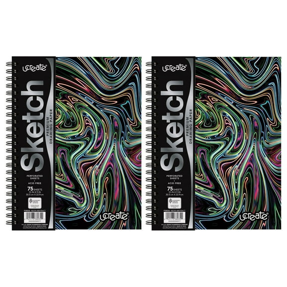 UCreate Fashion Poly Sketch Book, 9" x 12", 75 Sheets, Neon Abstract Design, Pack of 2