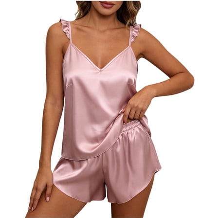 QSAWXQZ Women s Satin Pajama Set 2 Piece Ruffle Strap Sleeveless V Neck Loose Cami and Elastic Waist Shorts Sleepwear Silky Soft Nightwear Loungewear Summer Sleep Set 2XL