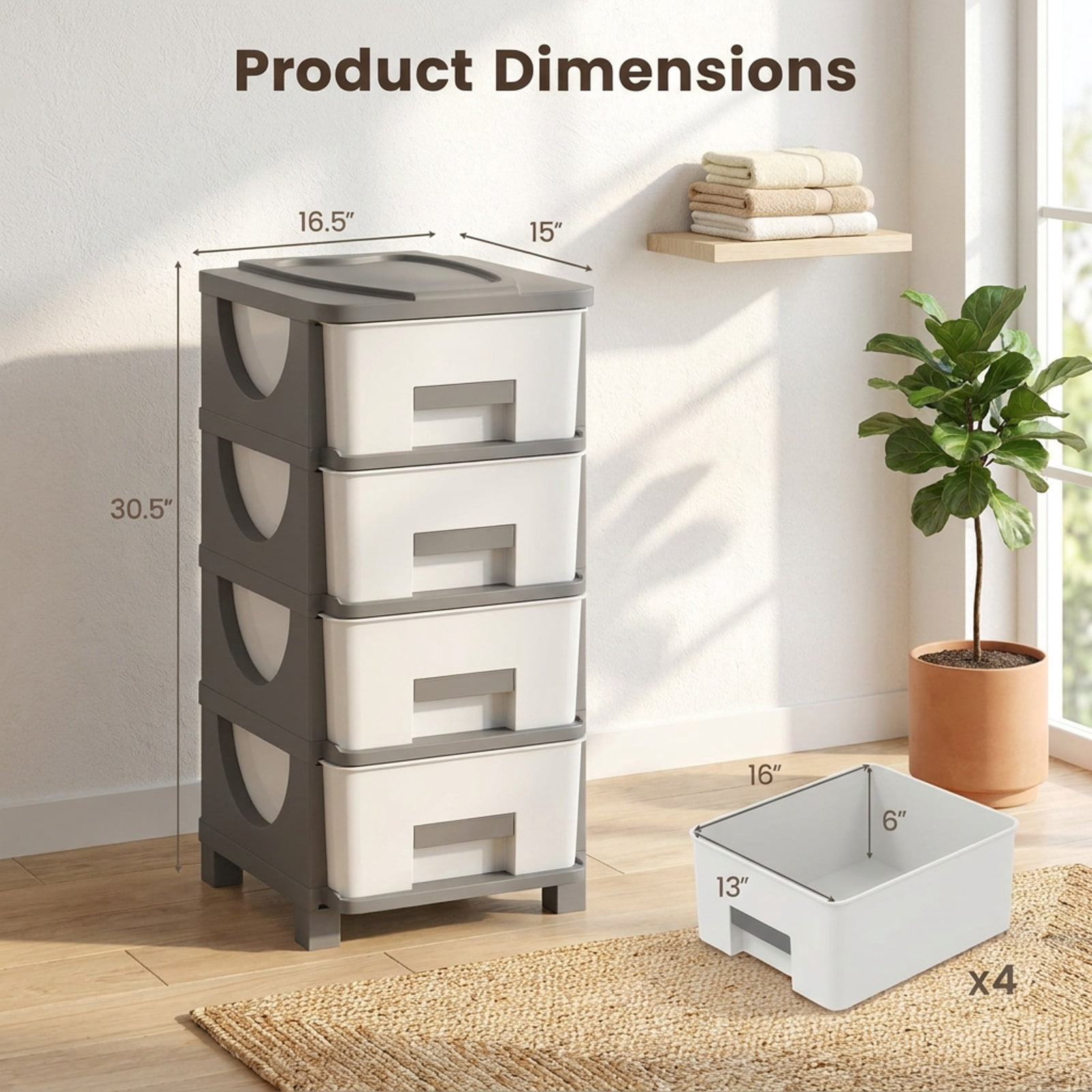 Furnibear Plastic Storage Organizer with Compact Drawer Cabinet Side Table for Bedroom for Bedroom Closet Living Room Nursery Clothes Storage, Gray