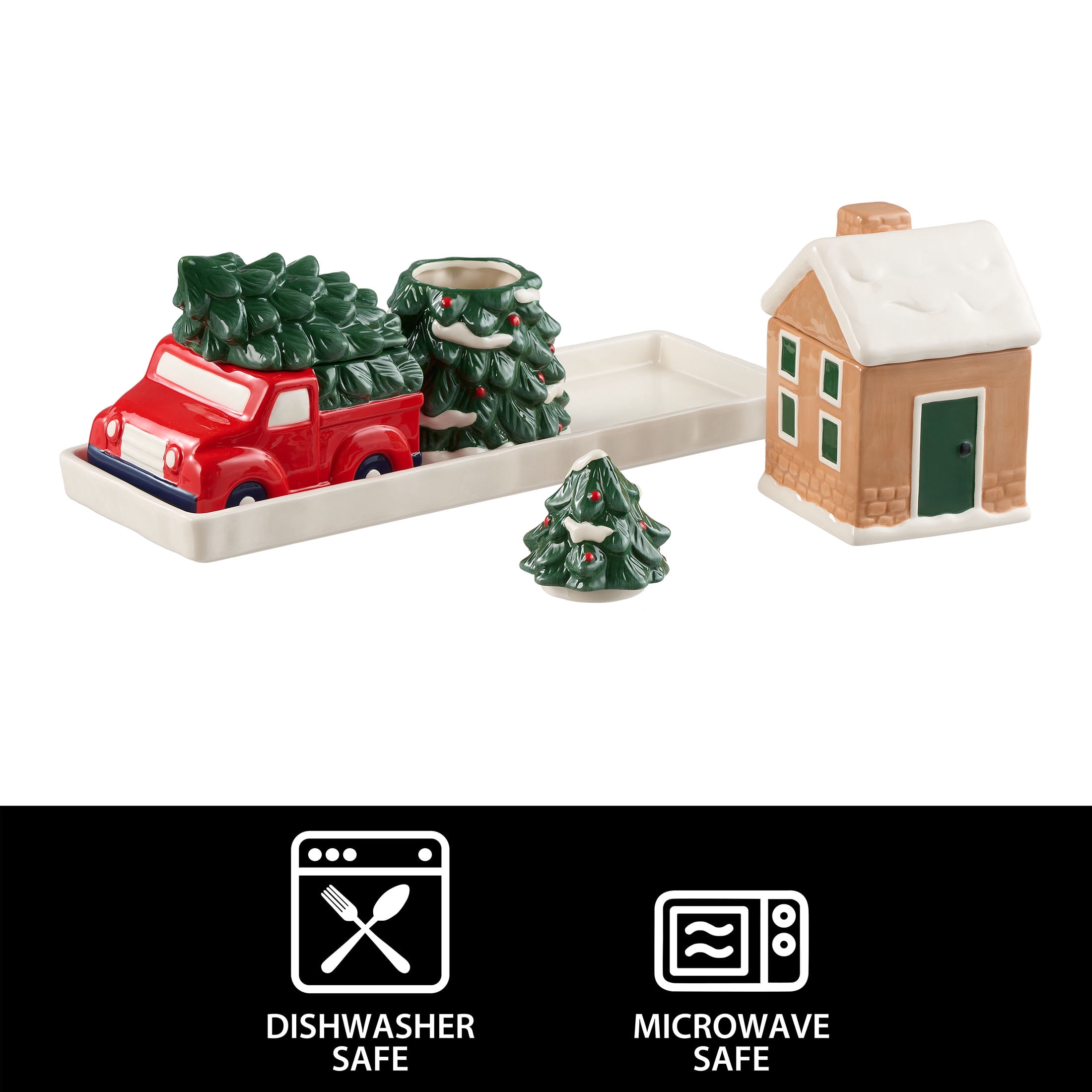 Holiday Time Christmas Icons Mini Treat Jars Set with Lids and Tray, Glazed Earthenware Ceramic, Multicolor