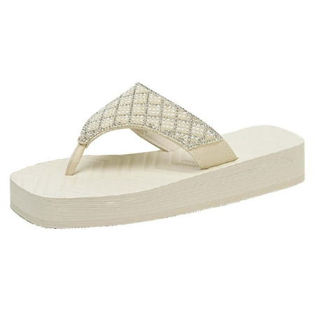 

Slippers for Women Ladies Shoes Summer Beach Slippers Pearl Rhinestone Flip Flops House Slippers Pu 37