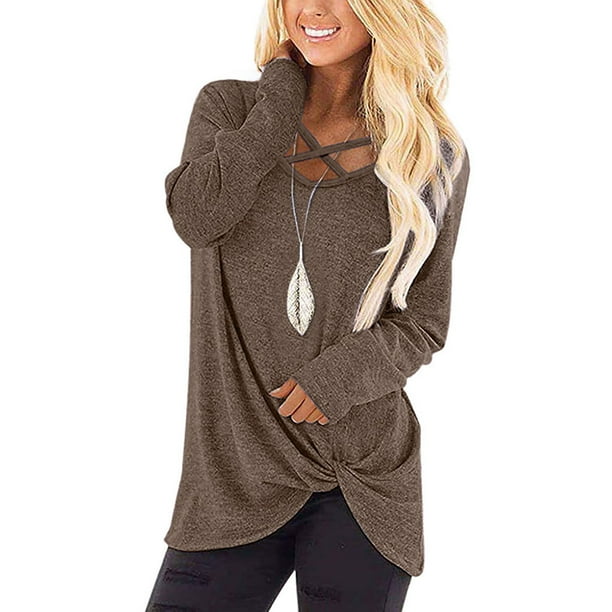 Puntoco Mujeres Moda Color Sólido Cuello Cruzado Manga Larga Tops Camiseta Blusa Puntoco Puntoco-789