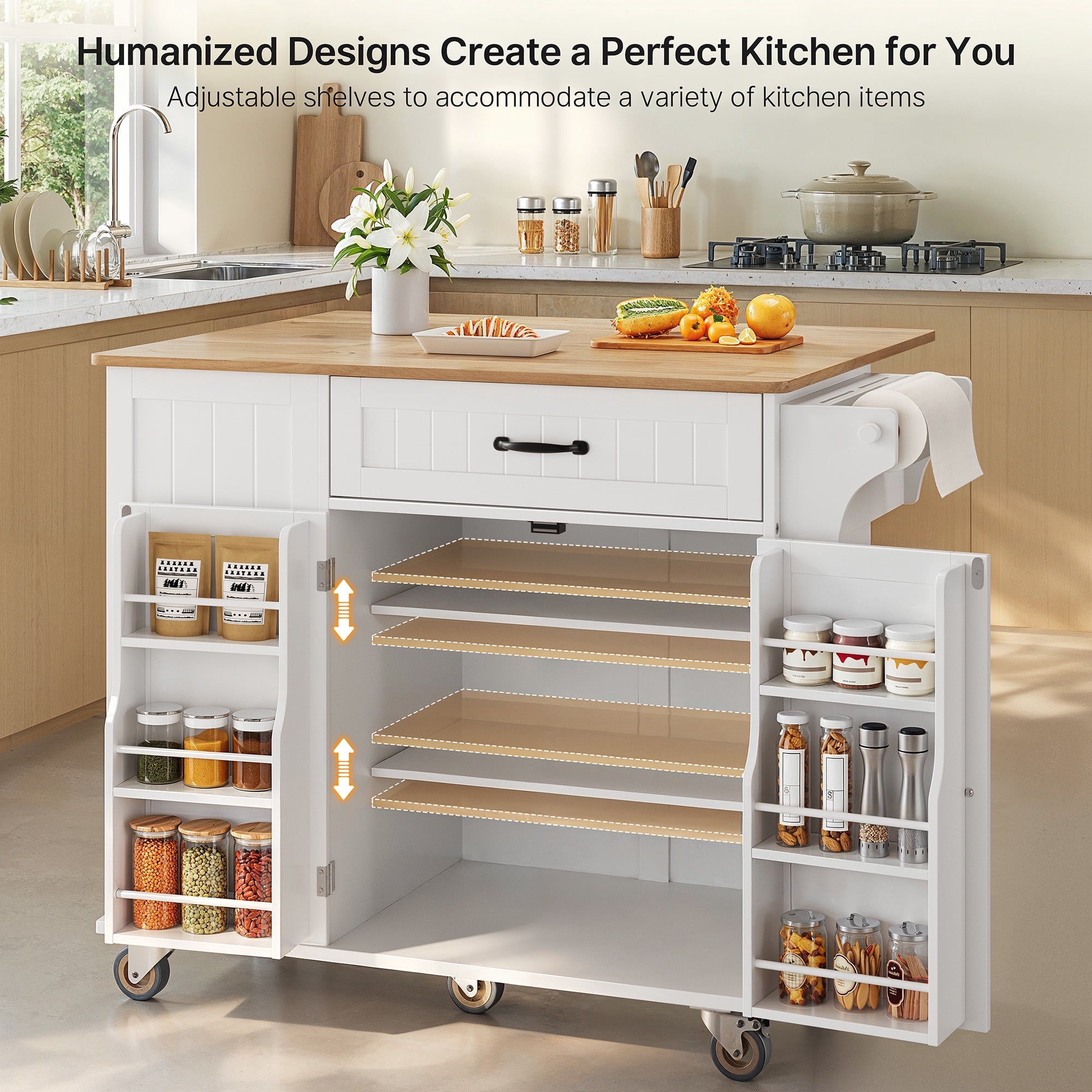 Noelse Large Kitchen Island Cart with Trash Can Storage, Rolling Kitchen Island on Wheels with Drop Leaf, White