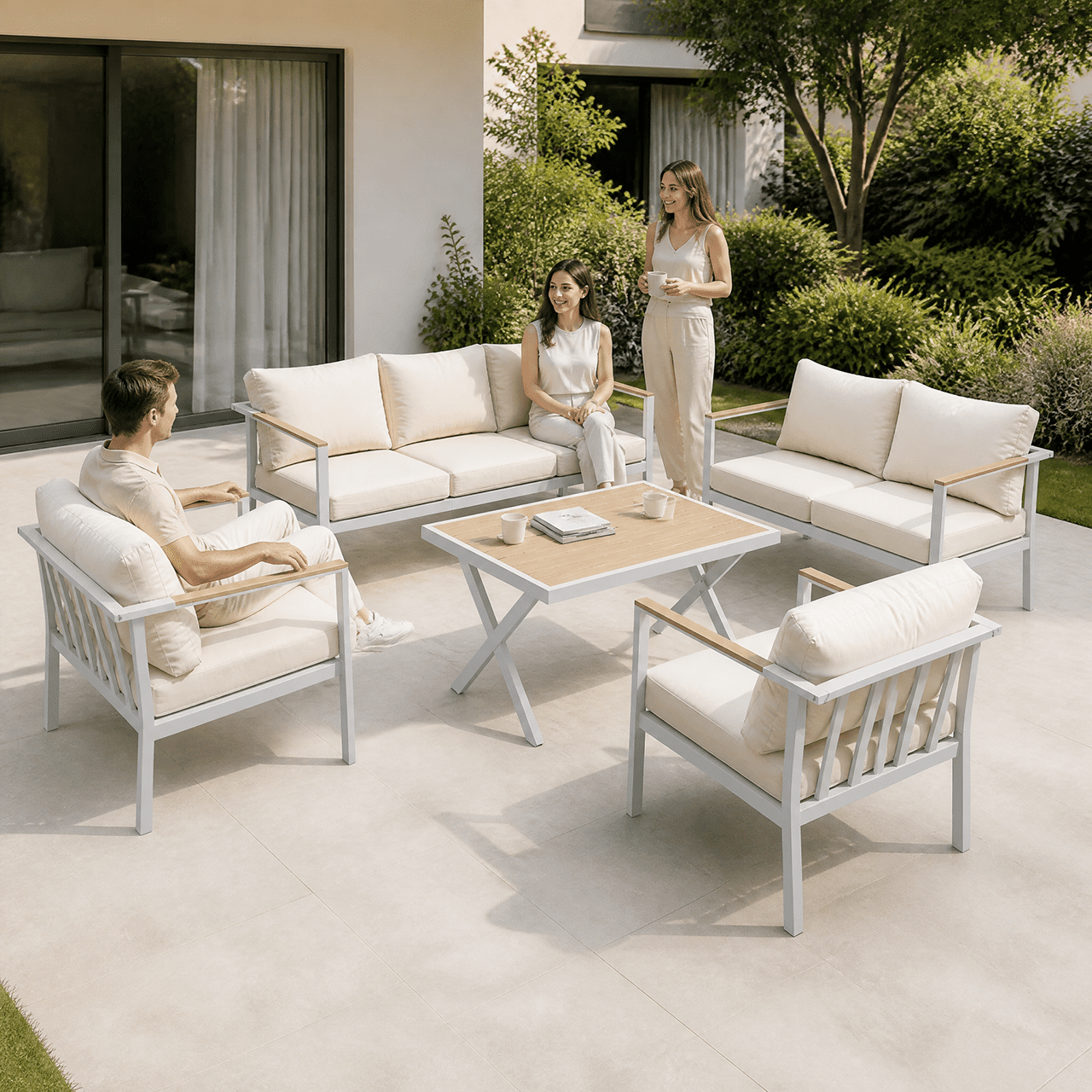 Aluminum Patio Furniture Set with Slim Armrests,7 Seat Modern Outdoor Conversation Set with Cushions and Coffee Table,Metal Patio Sofa Set White