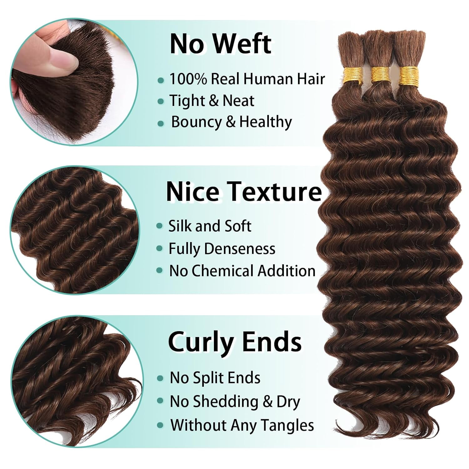 Human Braiding Hair for Boho Braids Human Hair 110g 18 Inch Curly Boho Hair for Braiding Knotless 12A Deep Wave Bohemian 3 Bundles/Pack Chocolate Brown