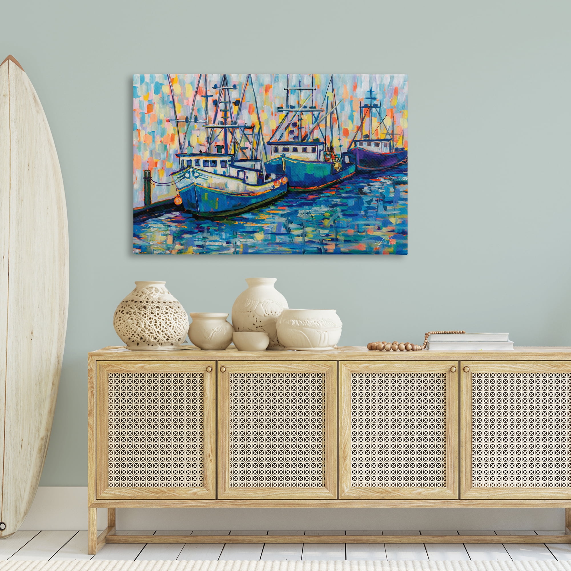 Stupell Industries Vivid Boats in Harbor Transportation Painting Gallery Wrapped Canvas Art Print Wall Art, 45 x 30