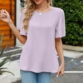 thumbnail image 2 of Ruffle Sleeve Tops for Women Short Sleeve Round Neck Casual Shirts Solid Pullovers Elegant Summer Comfy Tops Purple,M, 2 of 7