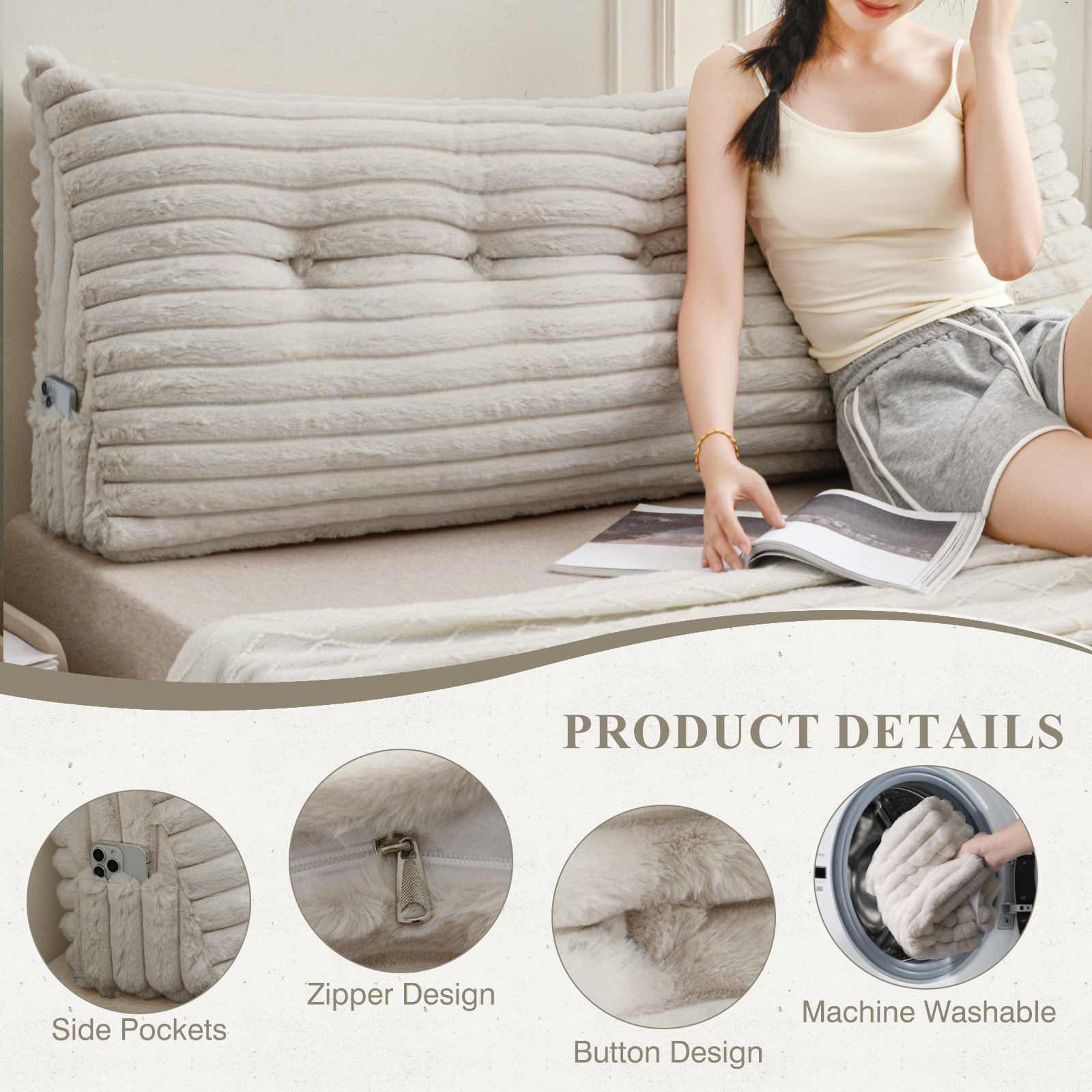 ANMINY Plush Headboard Pillow - 320 GSM Soft Fleece, High Elastic Pearl Cotton Filling, Versatile Sofa Backrest & Leg Pillow, Perfect Christmas/Housewarming Gift