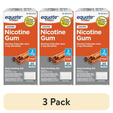 (3 pack) Equate Nicotine Coated Gum 2 mg, Stop Smoking Aid, Cinnamon Flavor, 20 Count, Compare to Nicorette® Gum Active Ingredient