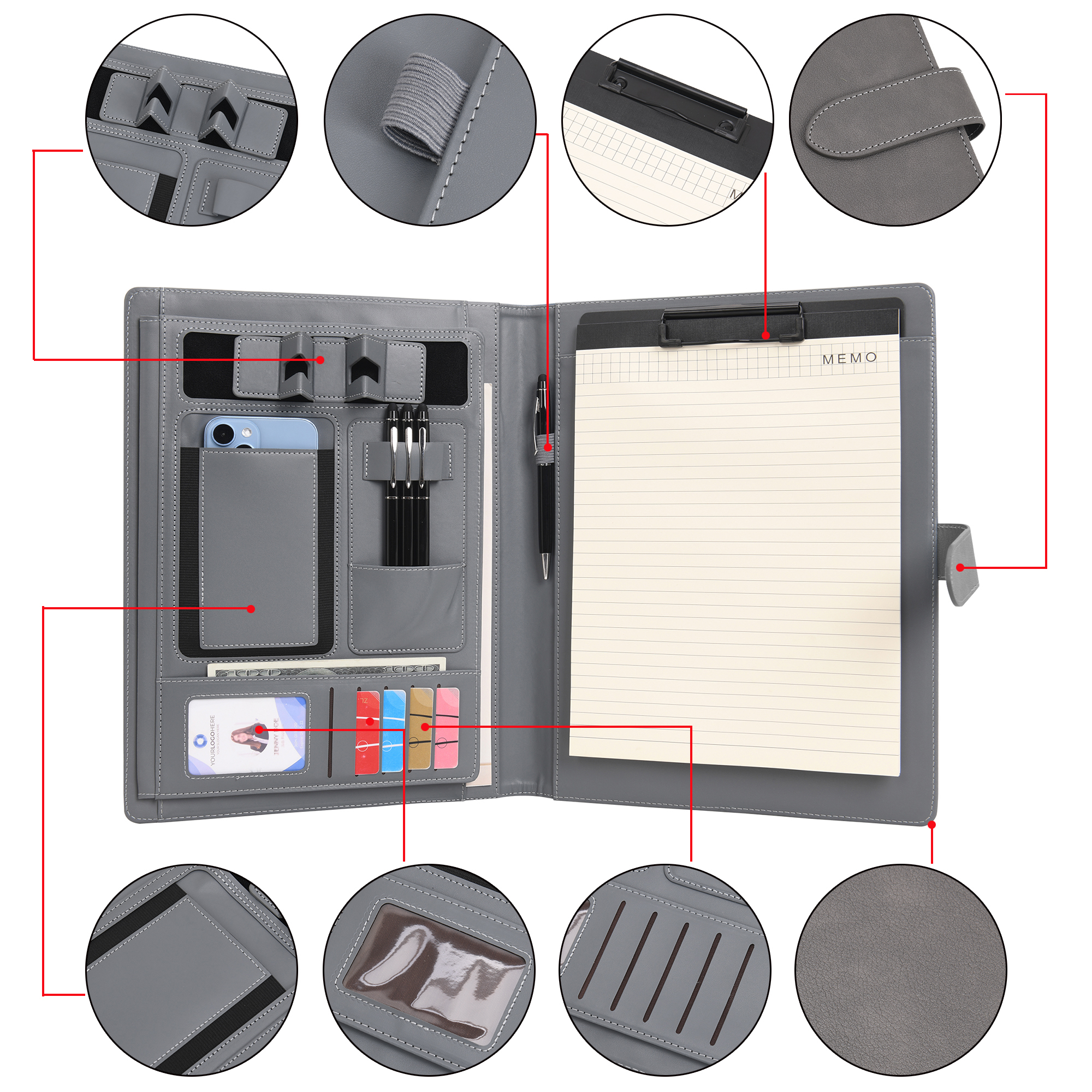 Wason Portfolio Padfolio A4 Leather Holder File Document Case with Writing Pad and Removable Clipboard for Organizer Office School Travel (Grey)