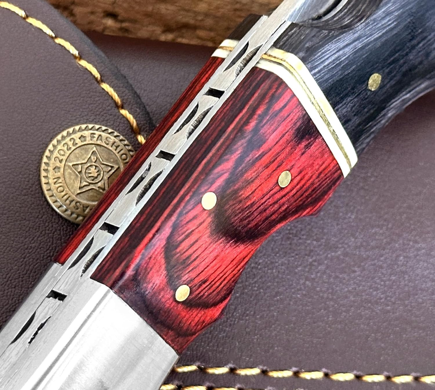 Poshland Damascus Pocket Knife For Men, Handmade Folding Damascus Steel Knife with Sheath For Hunting, Camping, Hiking, Wooden Handle Back Lock Knife