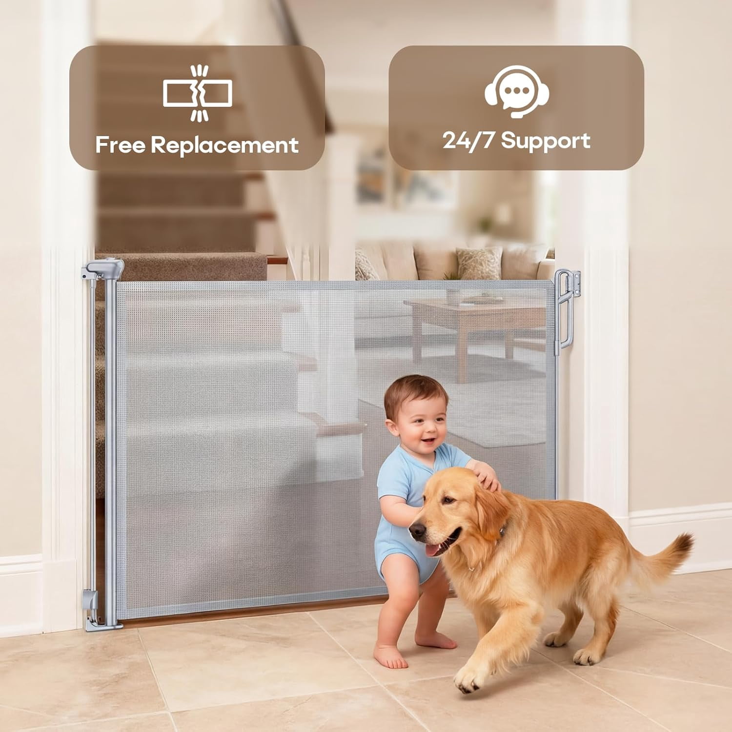 Retractable Safety Baby Gate or Mesh Dog Gate,Durable Portable Mesh Retractable Gate,Easy to Use for Stairs, Doorways, Hallways, Indoor, Outdoor, 33.5" Tall, Up to 45" Wide, Cream
