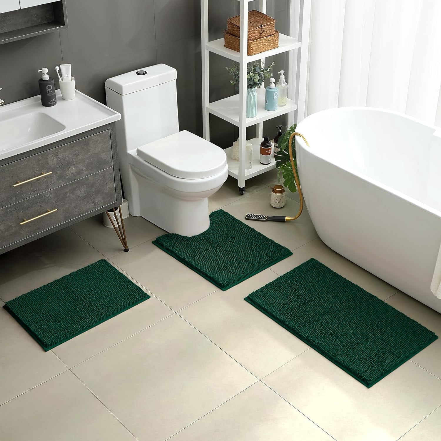 3 Pieces Bathroom Rugs, Ultra Soft Non Slip Absorbent Chenille Toilet Bath Mat Set (Dark Green)
