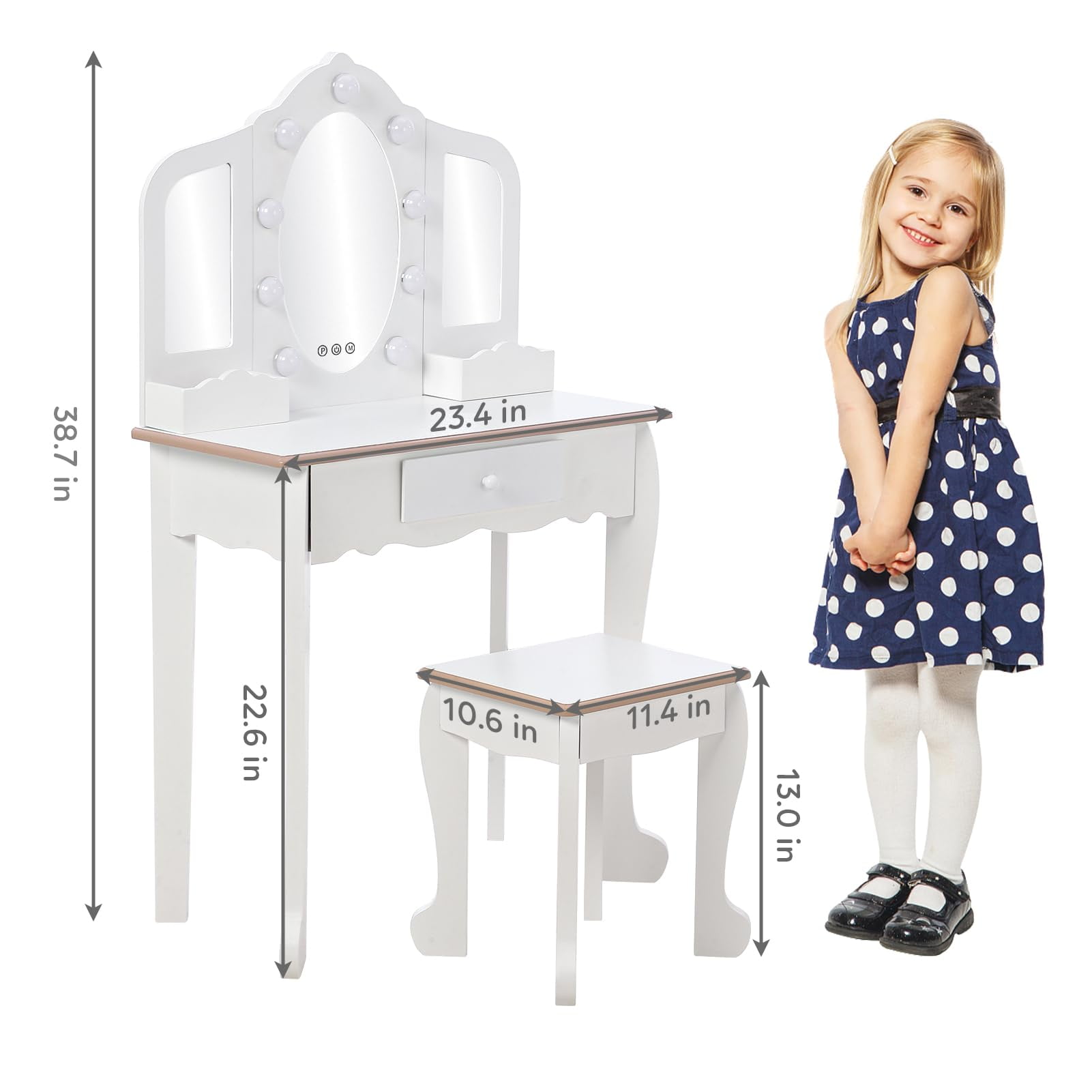 TROPOW Kids Vanity with 3 Mirrors and Stool, Girls Vanity with Wood Makeup Playset, Princess Vanity Table for Toddlers, White