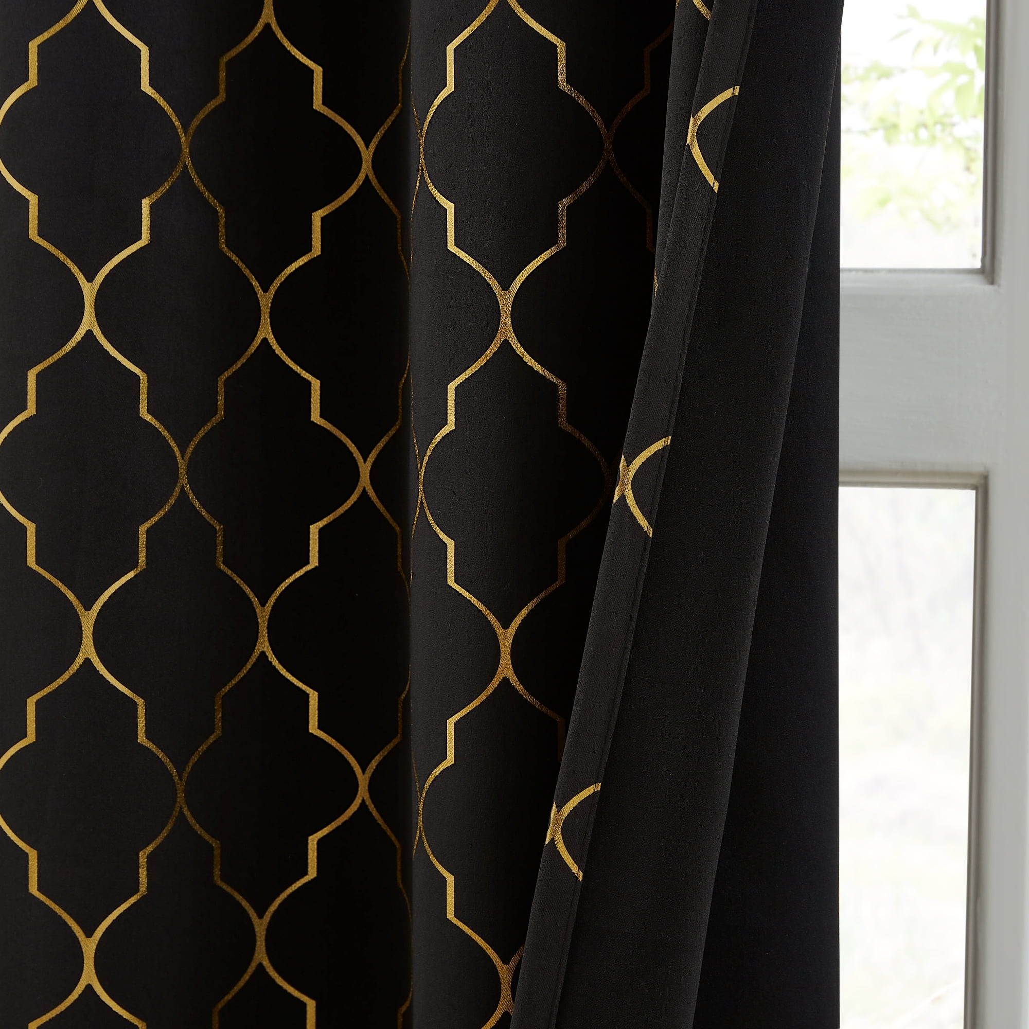 Bohogeo Full Blackout Window Curtain Panels for Bedroom,Black Modern Room Darkening Drapes with Gold Geo Metallic Moroccan Pattern Printed,Grommet Window Treatment,52" Wx84 L(Pack of 2),Black/Gold