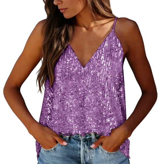 AWZXDE Womens Summer Tops Solid Color V Neck Sequin Camisole Tank Top T Shirt