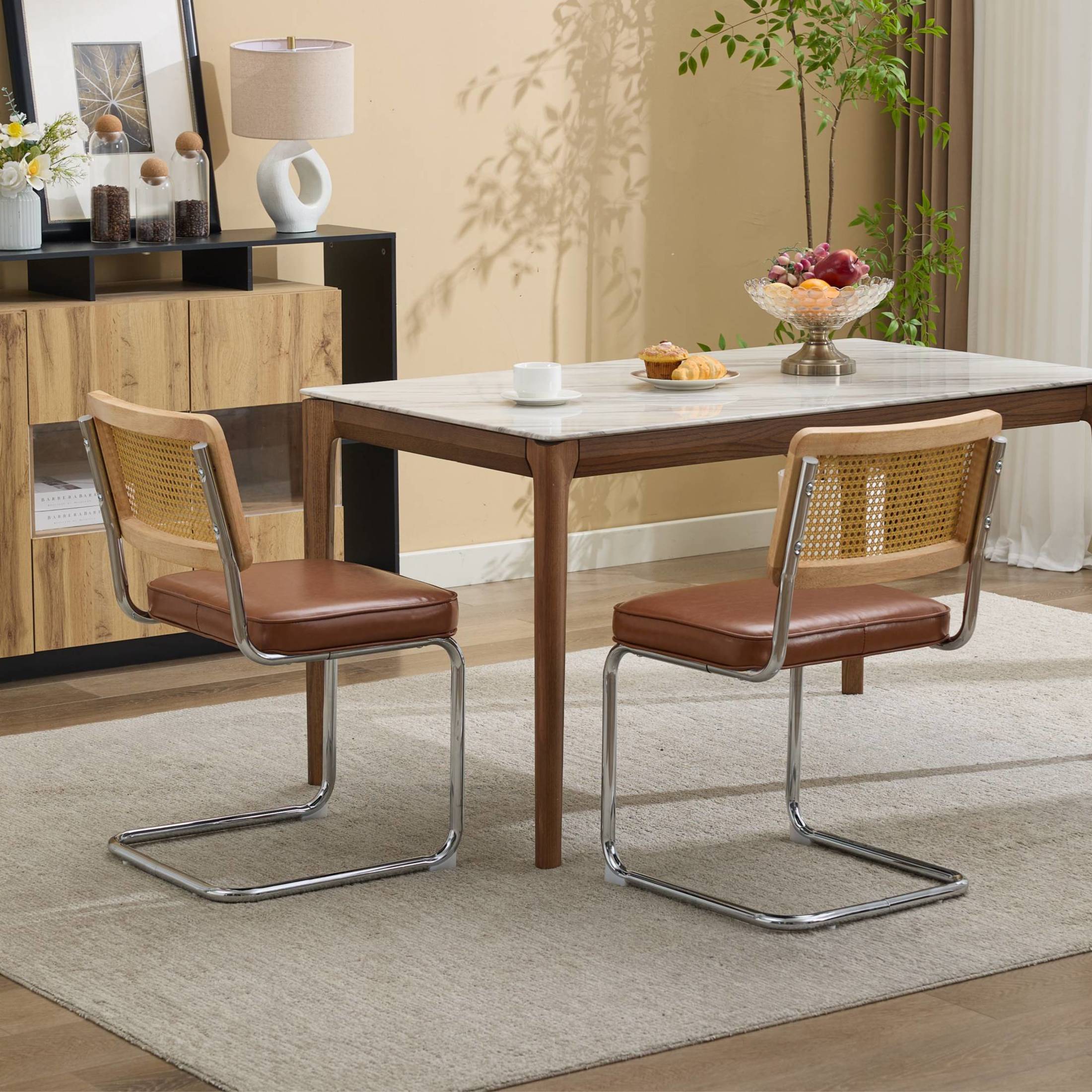GDF Studio 23.2" Dining Chairs Set of 2 with PU Upholstery, Natural Cane Back & Chrome Metal Base, Brown