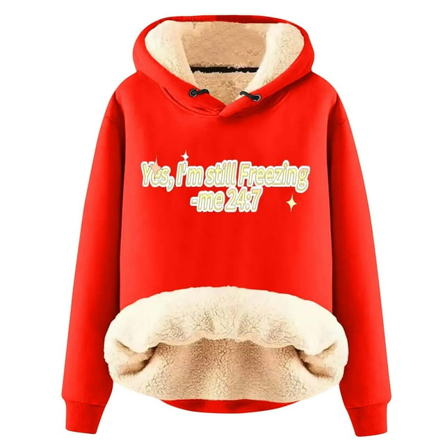 Wolfast Chandail à Capuche en Peluche Chaude d'Hiver pour Femmes, Épais, Imprimé Uni, Manches Longues, Mode Tendance, Rouge, P