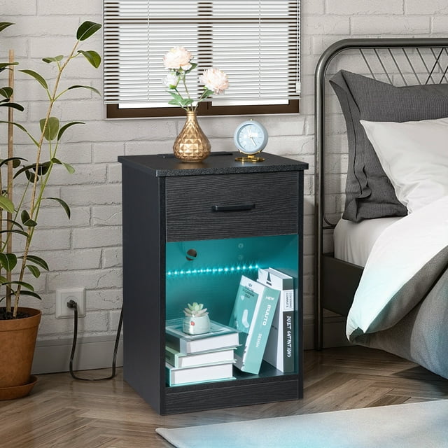 Ktaxon Table de Chevet avec Station de Charge Sans Fil 1 Tiroir, Table d'Appoint Moderne pour Chambre, Noir