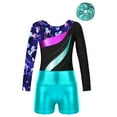 thumbnail image 3 of iixpin Girls Long Sleeve Gymnastics Leotard Printed Dance Bodysuit with Bottom Shorts Set for Kids Ballet Dancewear Blue Green 4, 3 of 7