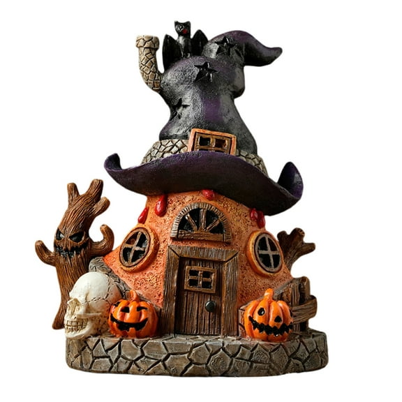 THOPBPRK Halloween Village Resin House Set  - 6.2 Inches Luminous Scary Haunted Cottage Collection with Bat Pumpkin & Skull, Halloween Desktop Decor for Indoor Party, Gift & Photography Prop