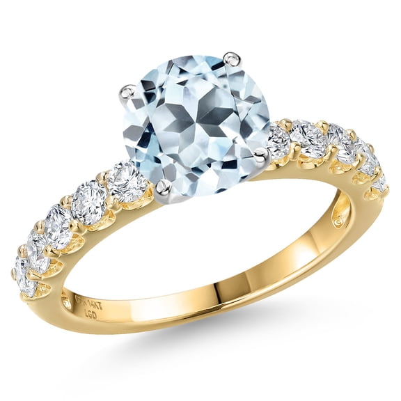 Gem Stone King 14K Two Tone Gold Sky Blue Topaz and Lab Grown Diamond Engagement Ring for Women | 3.15 Cttw | Round 8MM | Gemstone November Birthstone | Size 6