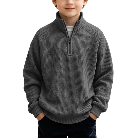 RUTAYY Boys Waffle Sweatshirt Knit Quarter Zip Fashion Long Sleeve Fall Winter Basic Pullover Casual Outdoor Wear, Dark Gray