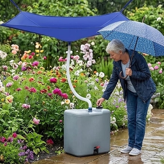 Tarp Rainwater Collector With Drainage Hose Curved Conical Rain Catching Canopy, No-Drill Water Diverter Tarp For Roof Balcony Rain Barrel Water Collection