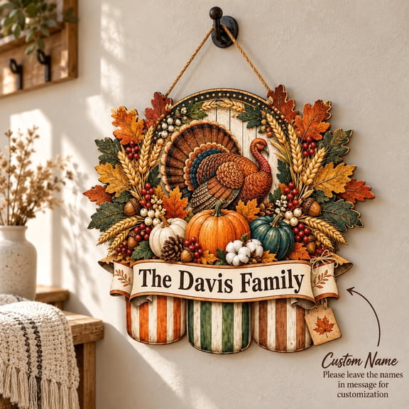 Door Hanger Pumpkin Turkey Wooden Sign for Front Door Thanksgiving Decor