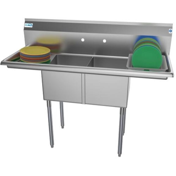 Koolmore SB141611-12B3 2 Compartment Stainless Steel Commercial Kitchen Prep & Utility Sink With 2 Drainboards - Bowl Size 14" X 16" X 11"