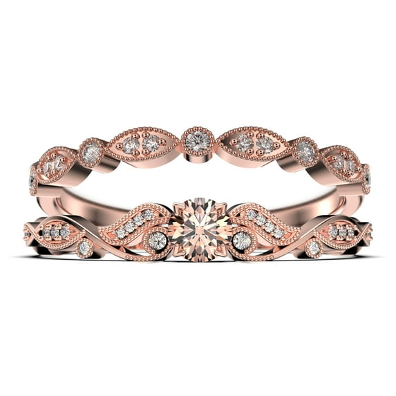 Vintage Look Boho & hippie 1.25 Carat Round Cut Morganite And Diamond Moissanite Engagement Ring, Wedding Ring in 10k Solid Rose Gold, Promise Ring, Anniversary Ring, Bridal Set, Matching Band